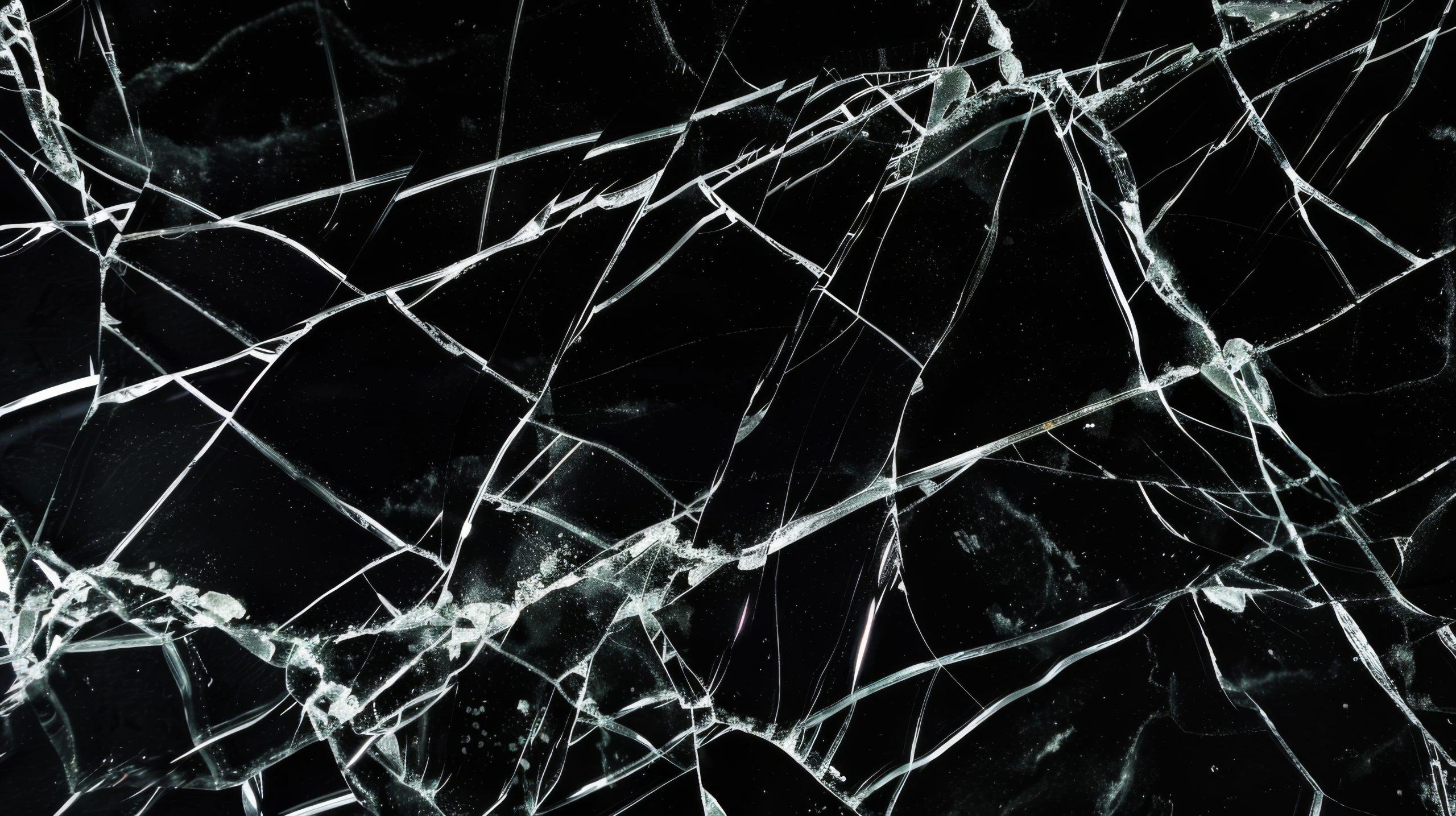 Broken glass cracks texture on black background. Sharp Lines on Clear Glass